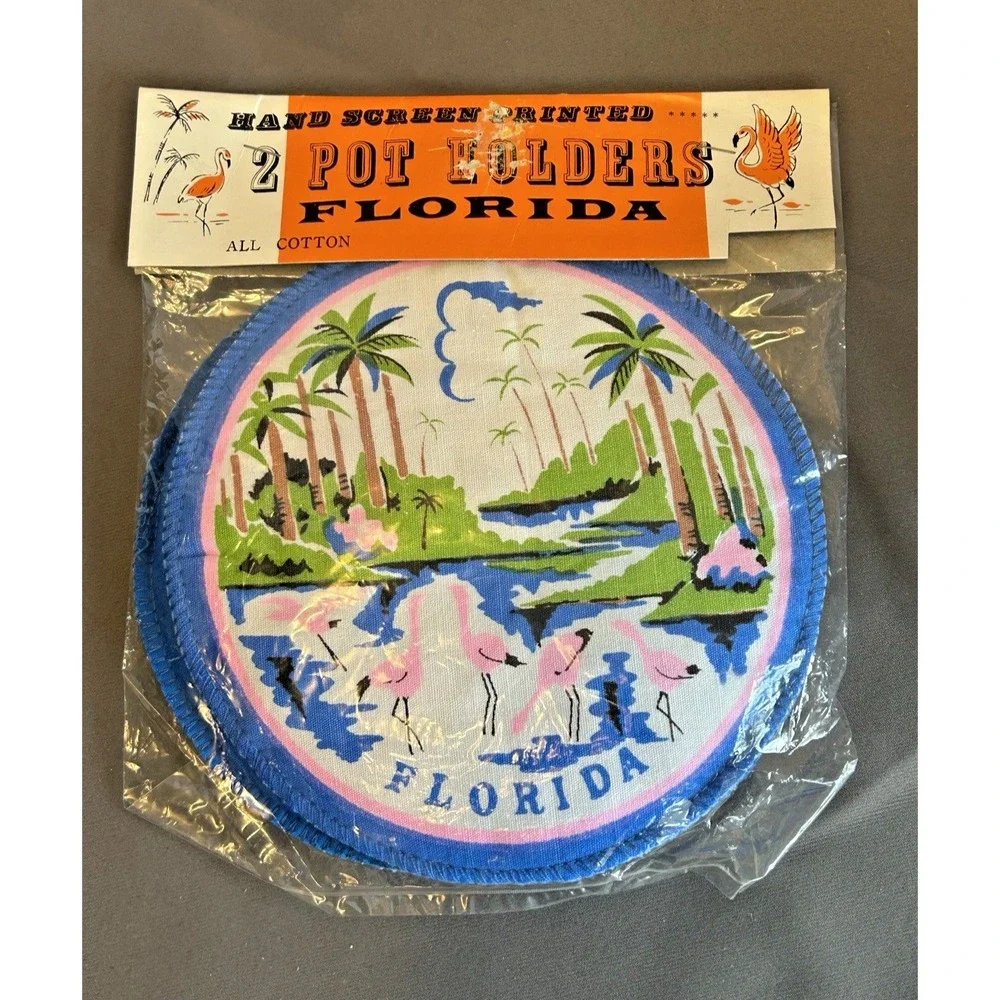 Vintage Hand Screen Printed Set of 2 FLORIDA Cotton Pot‎ Holders Flamingo Palms